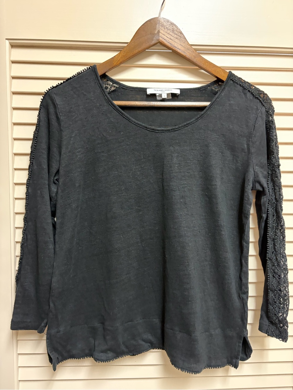 Gerard Darel Paris Womens 2 Black Linen Lace Crochet Top 3/4 Sleeve Boho